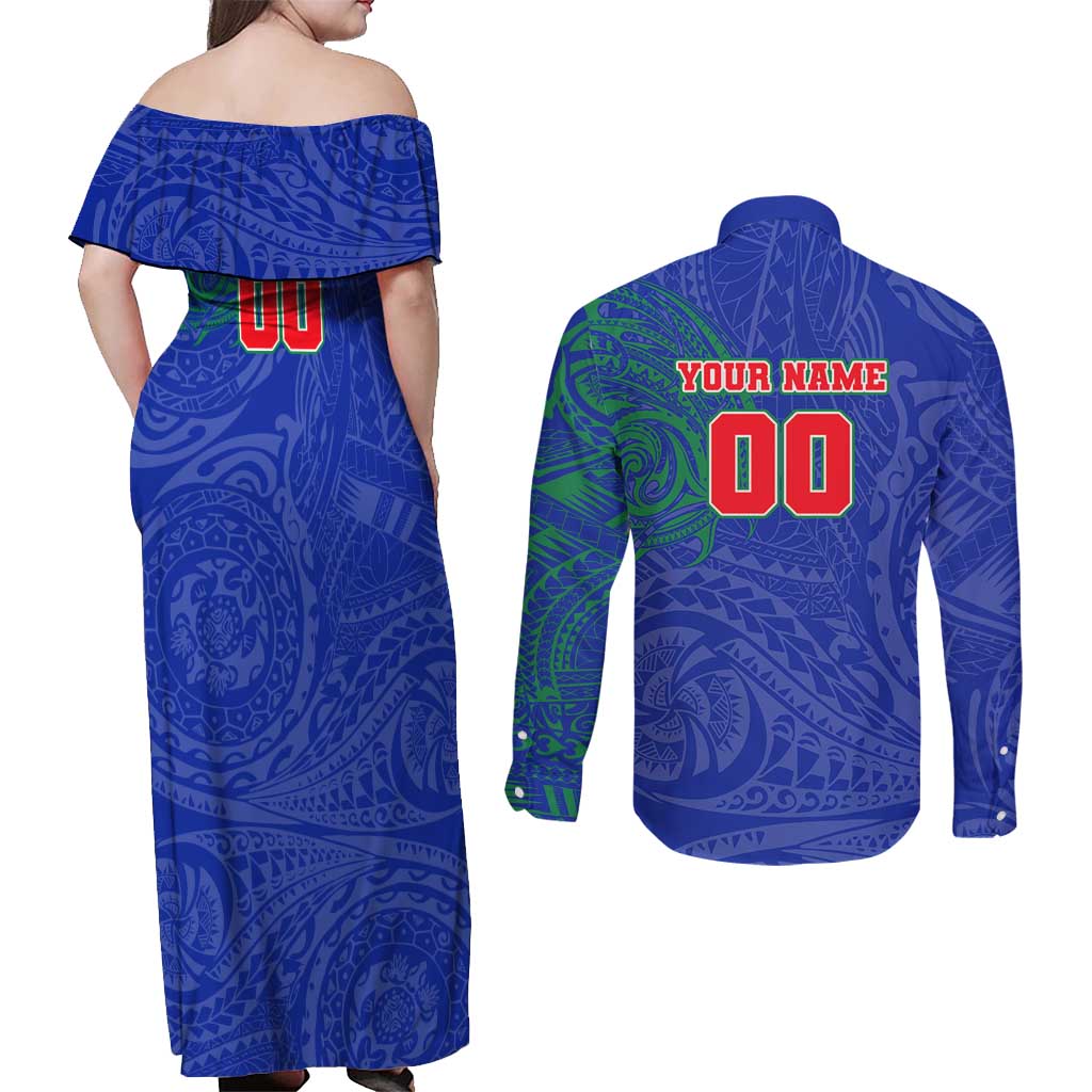 Personalized New Zealand Warriors Couples Matching Off Shoulder Maxi Dress and Long Sleeve Button Shirt Polynesian Tribal Chest and Sleeve Tattoo
