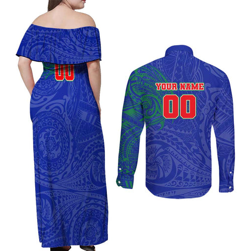Personalized New Zealand Warriors Couples Matching Off Shoulder Maxi Dress and Long Sleeve Button Shirt Polynesian Tribal Chest and Sleeve Tattoo