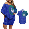 Personalized New Zealand Warriors Couples Matching Off Shoulder Short Dress and Hawaiian Shirt Polynesian Tribal Chest and Sleeve Tattoo