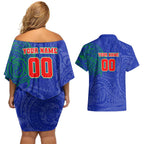 Personalized New Zealand Warriors Couples Matching Off Shoulder Short Dress and Hawaiian Shirt Polynesian Tribal Chest and Sleeve Tattoo