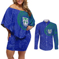 Personalized New Zealand Warriors Couples Matching Off Shoulder Short Dress and Long Sleeve Button Shirt Polynesian Tribal Chest and Sleeve Tattoo