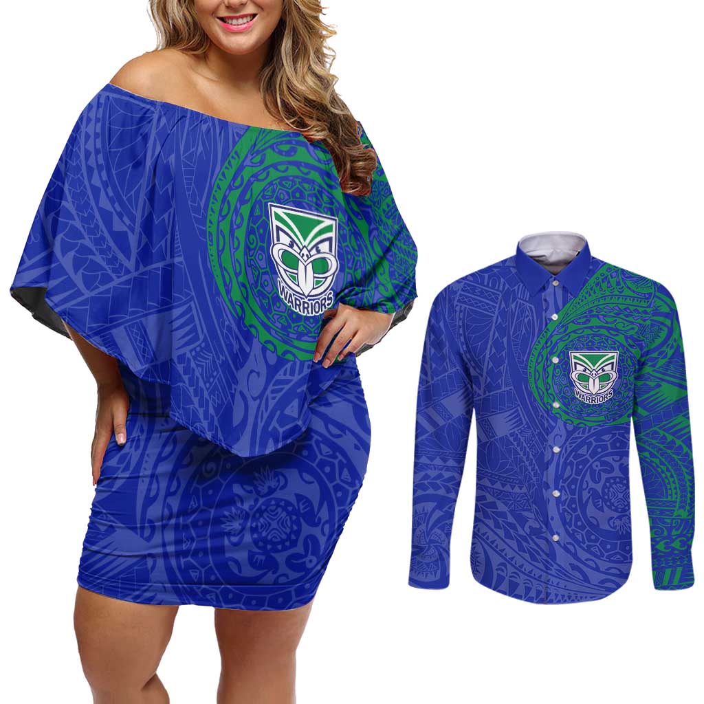 Personalized New Zealand Warriors Couples Matching Off Shoulder Short Dress and Long Sleeve Button Shirt Polynesian Tribal Chest and Sleeve Tattoo
