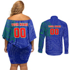 Personalized New Zealand Warriors Couples Matching Off Shoulder Short Dress and Long Sleeve Button Shirt Polynesian Tribal Chest and Sleeve Tattoo