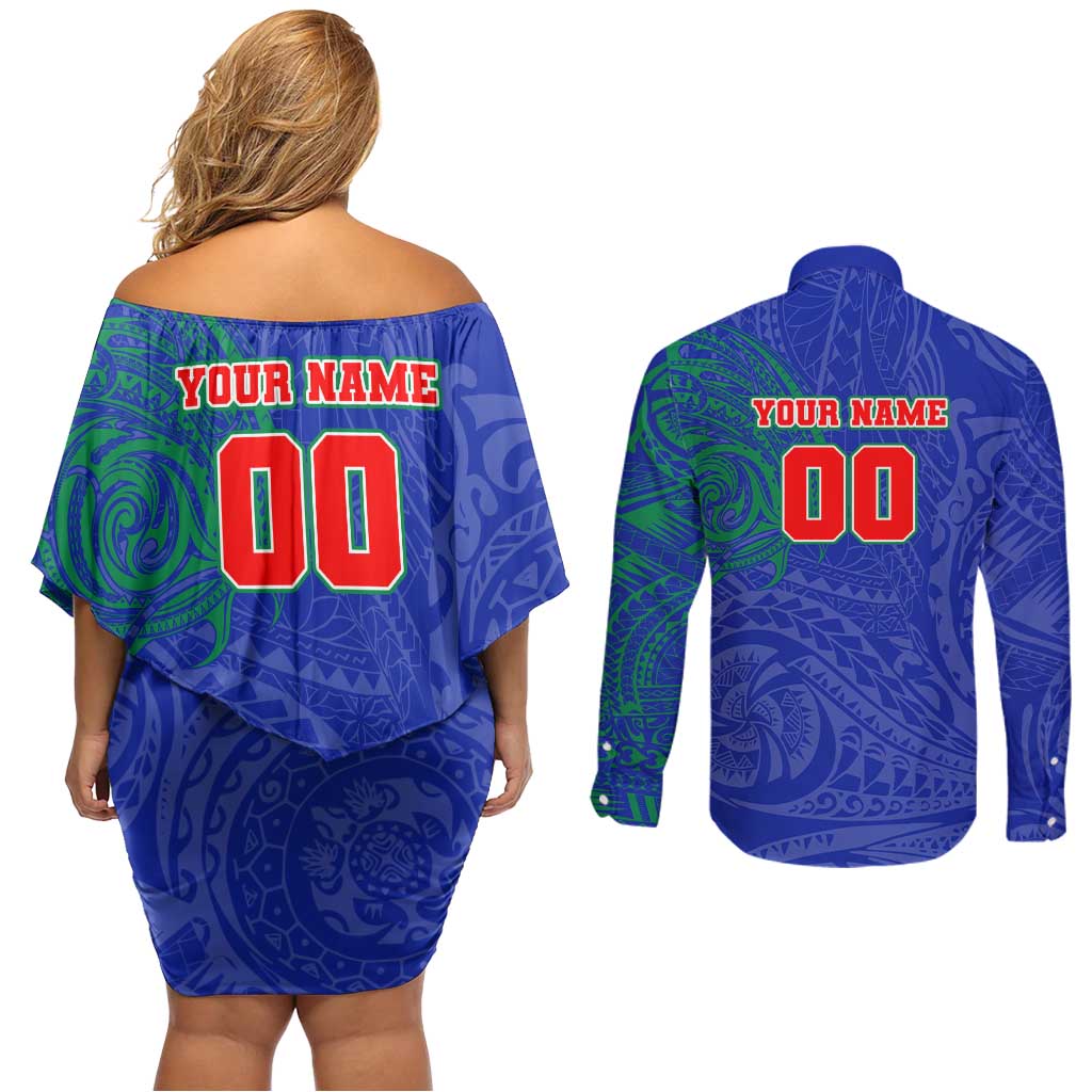 Personalized New Zealand Warriors Couples Matching Off Shoulder Short Dress and Long Sleeve Button Shirt Polynesian Tribal Chest and Sleeve Tattoo