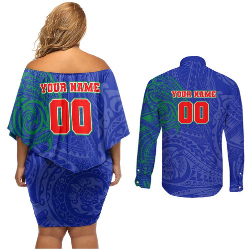 Personalized New Zealand Warriors Couples Matching Off Shoulder Short Dress and Long Sleeve Button Shirt Polynesian Tribal Chest and Sleeve Tattoo