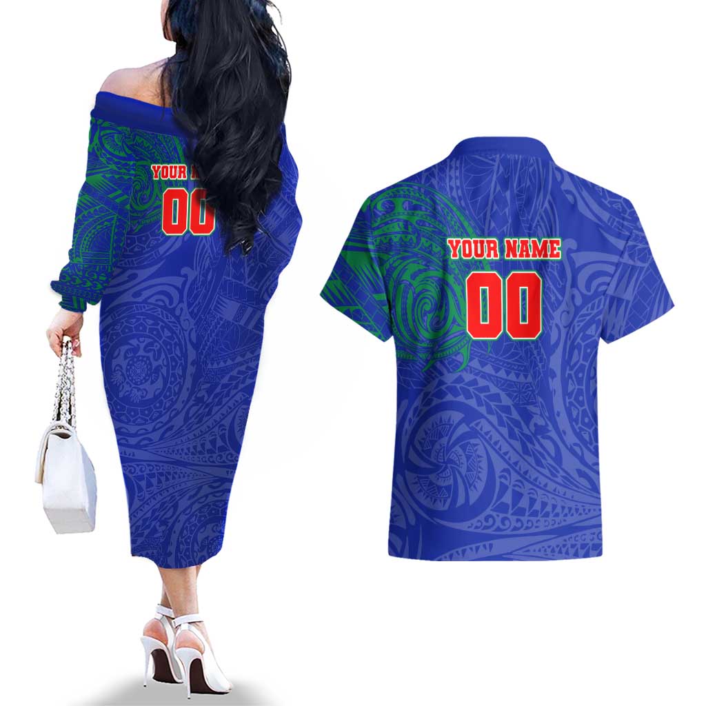Personalized New Zealand Warriors Couples Matching Off The Shoulder Long Sleeve Dress and Hawaiian Shirt Polynesian Tribal Chest and Sleeve Tattoo