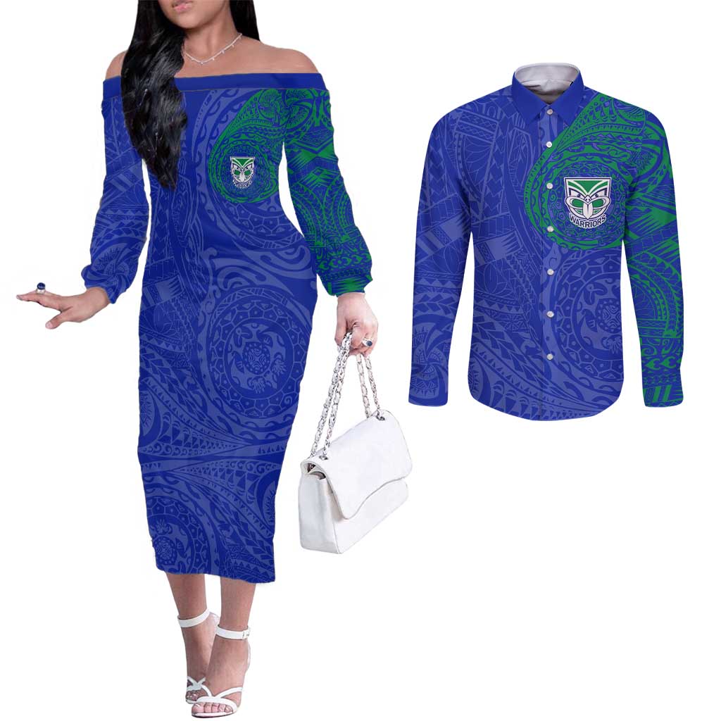 Personalized New Zealand Warriors Couples Matching Off The Shoulder Long Sleeve Dress and Long Sleeve Button Shirt Polynesian Tribal Chest and Sleeve Tattoo