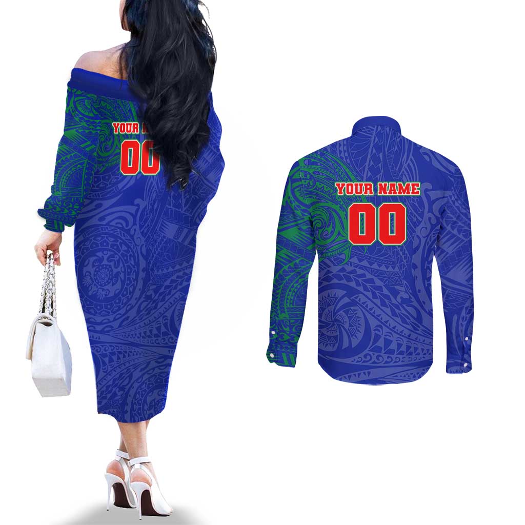 Personalized New Zealand Warriors Couples Matching Off The Shoulder Long Sleeve Dress and Long Sleeve Button Shirt Polynesian Tribal Chest and Sleeve Tattoo