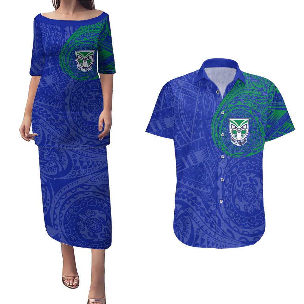 Personalized New Zealand Warriors Couples Matching Puletasi and Hawaiian Shirt Polynesian Tribal Chest and Sleeve Tattoo