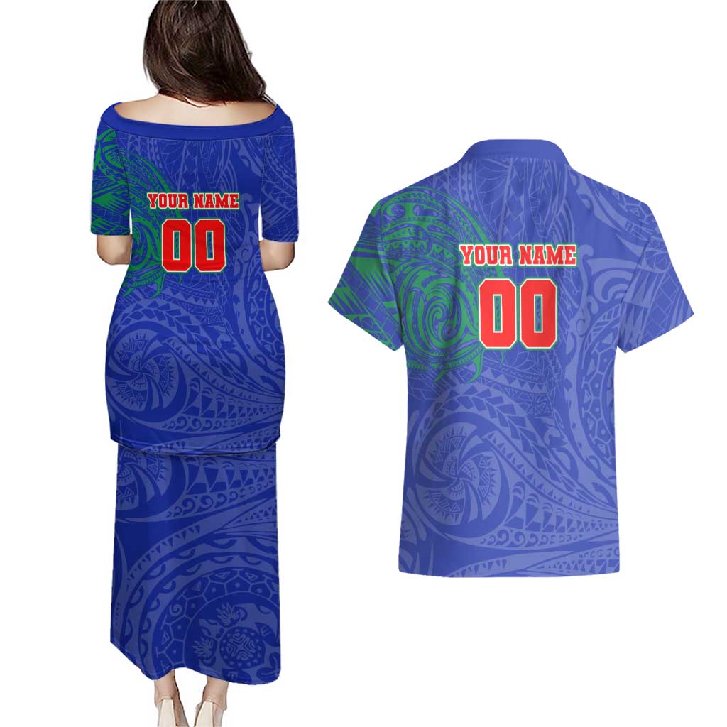 Personalized New Zealand Warriors Couples Matching Puletasi and Hawaiian Shirt Polynesian Tribal Chest and Sleeve Tattoo