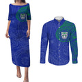 Personalized New Zealand Warriors Couples Matching Puletasi and Long Sleeve Button Shirt Polynesian Tribal Chest and Sleeve Tattoo