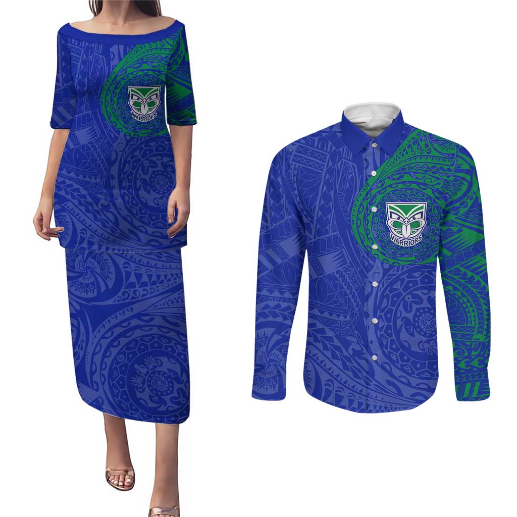 Personalized New Zealand Warriors Couples Matching Puletasi and Long Sleeve Button Shirt Polynesian Tribal Chest and Sleeve Tattoo