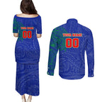 Personalized New Zealand Warriors Couples Matching Puletasi and Long Sleeve Button Shirt Polynesian Tribal Chest and Sleeve Tattoo