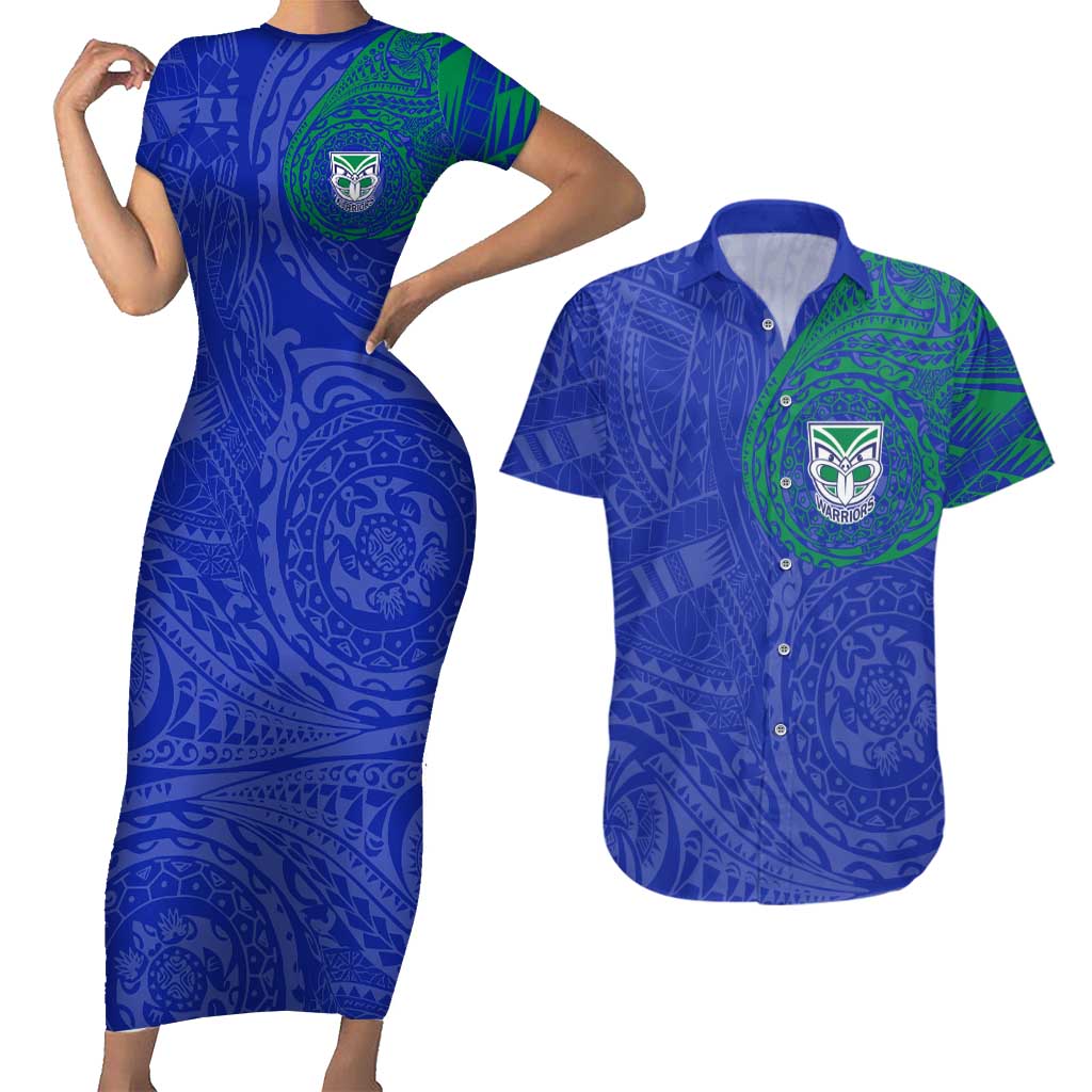 Personalized New Zealand Warriors Couples Matching Short Sleeve Bodycon Dress and Hawaiian Shirt Polynesian Tribal Chest and Sleeve Tattoo