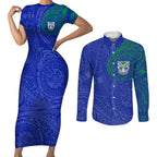 Personalized New Zealand Warriors Couples Matching Short Sleeve Bodycon Dress and Long Sleeve Button Shirt Polynesian Tribal Chest and Sleeve Tattoo