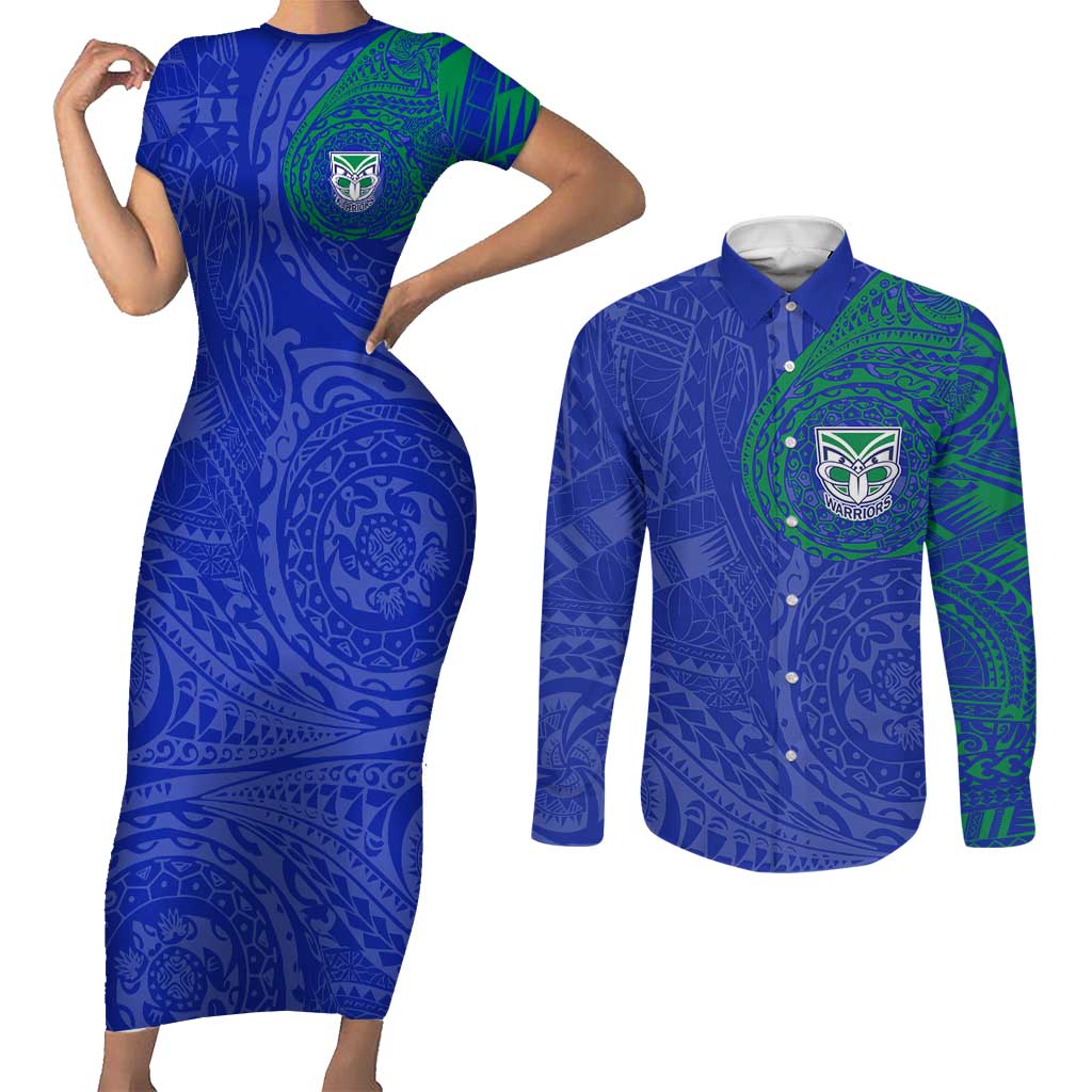 Personalized New Zealand Warriors Couples Matching Short Sleeve Bodycon Dress and Long Sleeve Button Shirt Polynesian Tribal Chest and Sleeve Tattoo