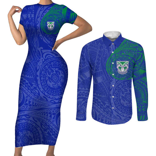 Personalized New Zealand Warriors Couples Matching Short Sleeve Bodycon Dress and Long Sleeve Button Shirt Polynesian Tribal Chest and Sleeve Tattoo
