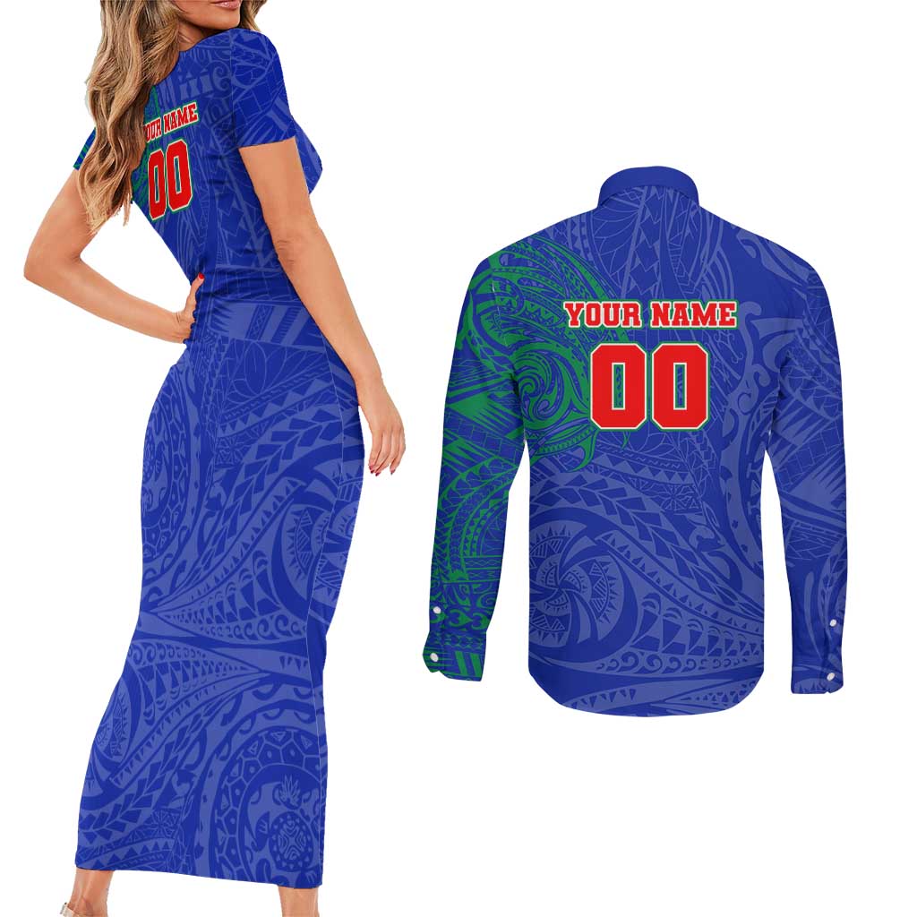 Personalized New Zealand Warriors Couples Matching Short Sleeve Bodycon Dress and Long Sleeve Button Shirt Polynesian Tribal Chest and Sleeve Tattoo
