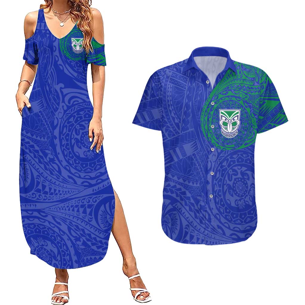 Personalized New Zealand Warriors Couples Matching Summer Maxi Dress and Hawaiian Shirt Polynesian Tribal Chest and Sleeve Tattoo