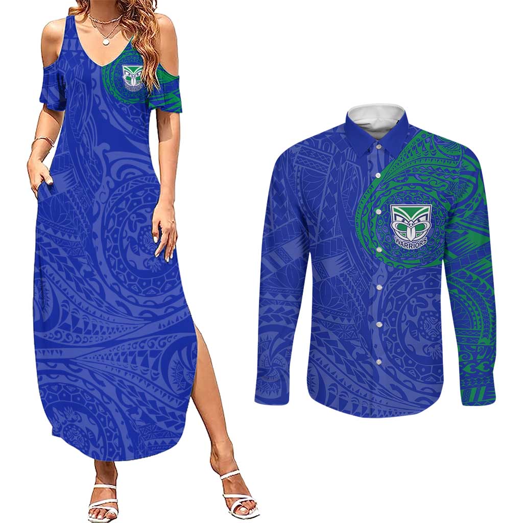Personalized New Zealand Warriors Couples Matching Summer Maxi Dress and Long Sleeve Button Shirt Polynesian Tribal Chest and Sleeve Tattoo