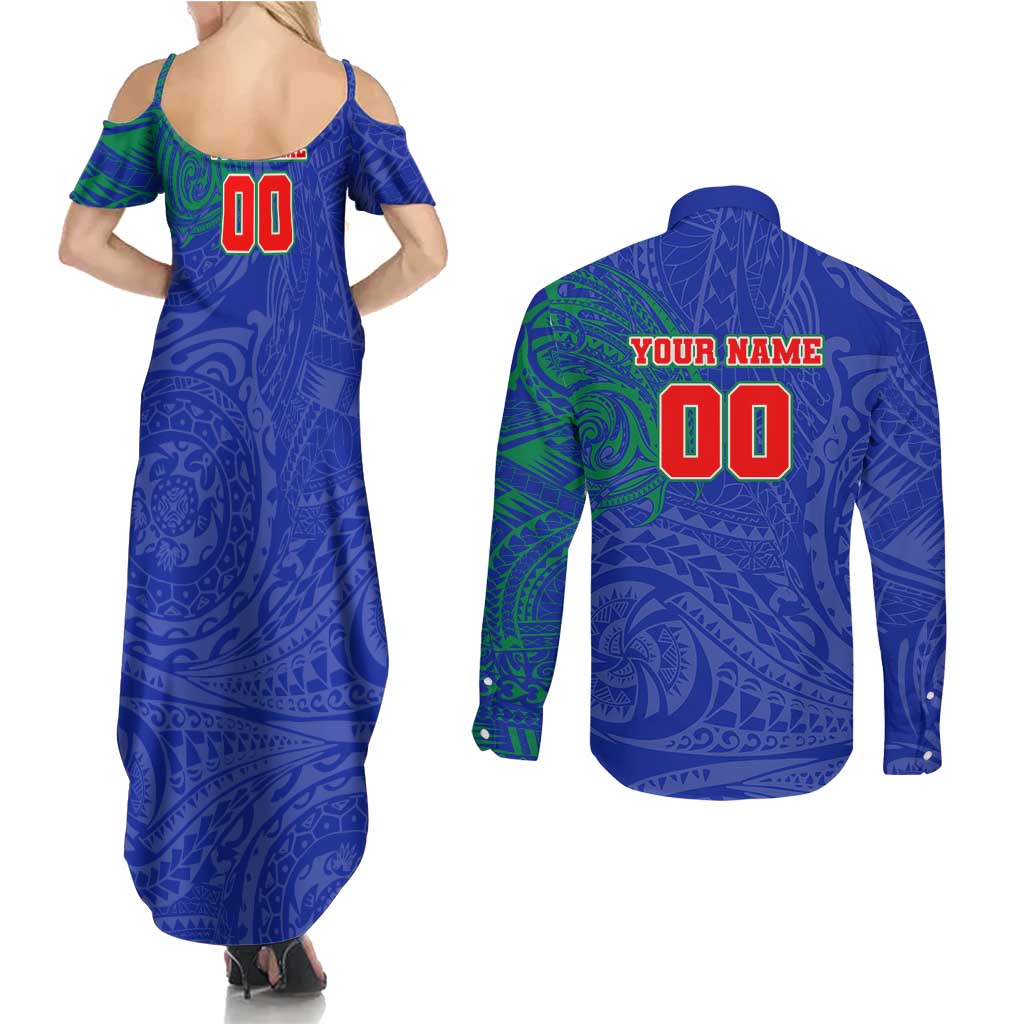 Personalized New Zealand Warriors Couples Matching Summer Maxi Dress and Long Sleeve Button Shirt Polynesian Tribal Chest and Sleeve Tattoo
