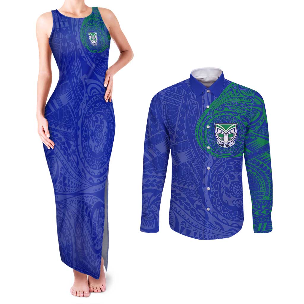 Personalized New Zealand Warriors Couples Matching Tank Maxi Dress and Long Sleeve Button Shirt Polynesian Tribal Chest and Sleeve Tattoo