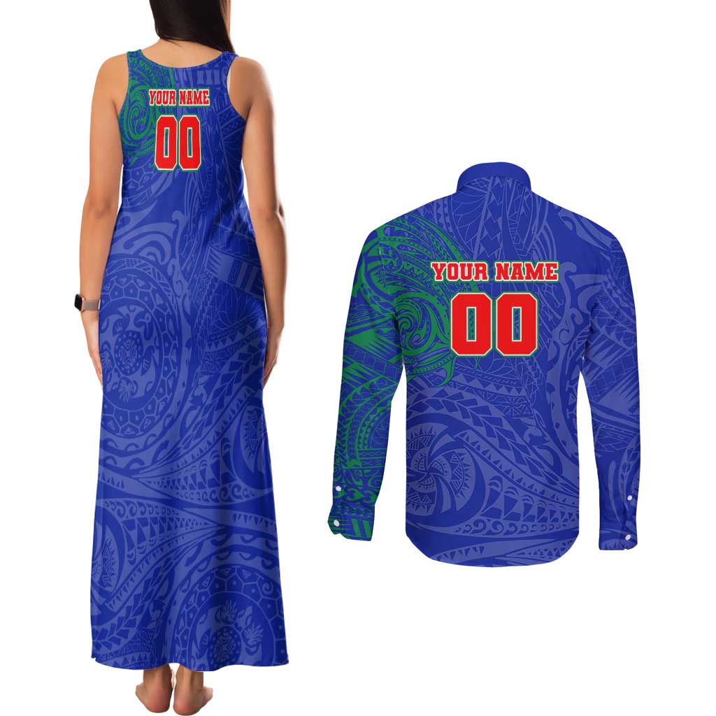 Personalized New Zealand Warriors Couples Matching Tank Maxi Dress and Long Sleeve Button Shirt Polynesian Tribal Chest and Sleeve Tattoo