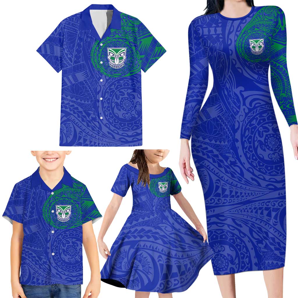 Personalized New Zealand Warriors Family Matching Long Sleeve Bodycon Dress and Hawaiian Shirt Polynesian Tribal Chest and Sleeve Tattoo