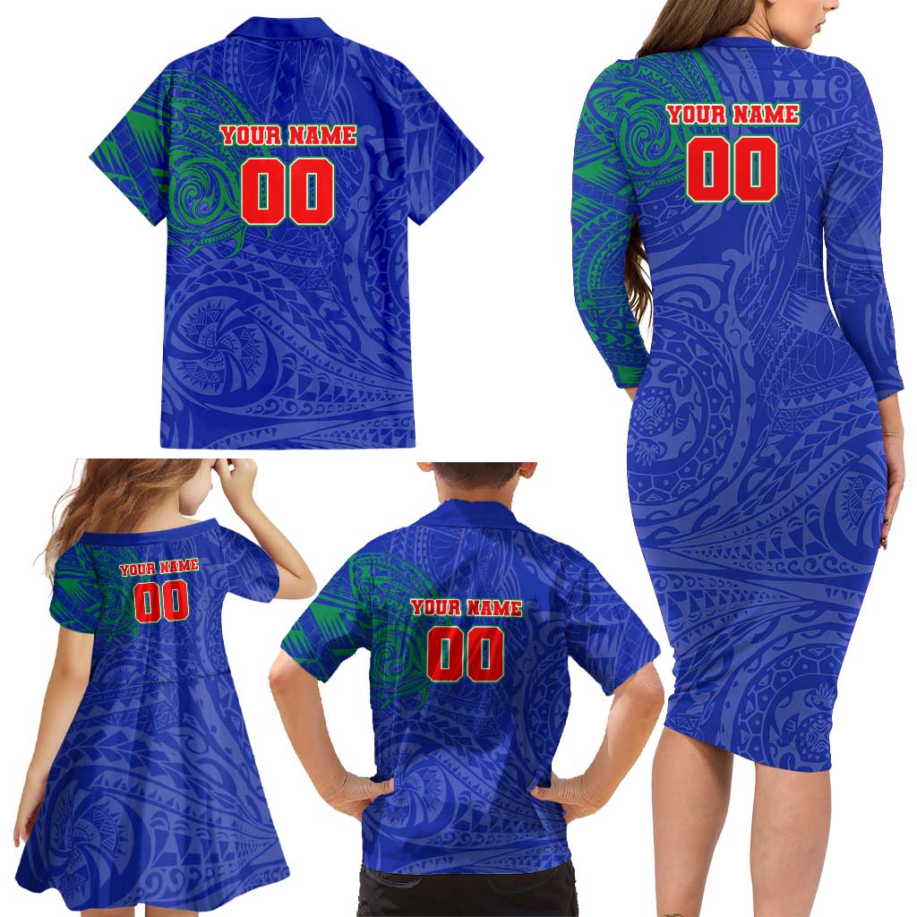 Personalized New Zealand Warriors Family Matching Long Sleeve Bodycon Dress and Hawaiian Shirt Polynesian Tribal Chest and Sleeve Tattoo