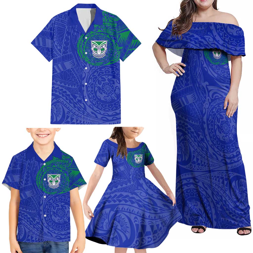 Personalized New Zealand Warriors Family Matching Off Shoulder Maxi Dress and Hawaiian Shirt Polynesian Tribal Chest and Sleeve Tattoo