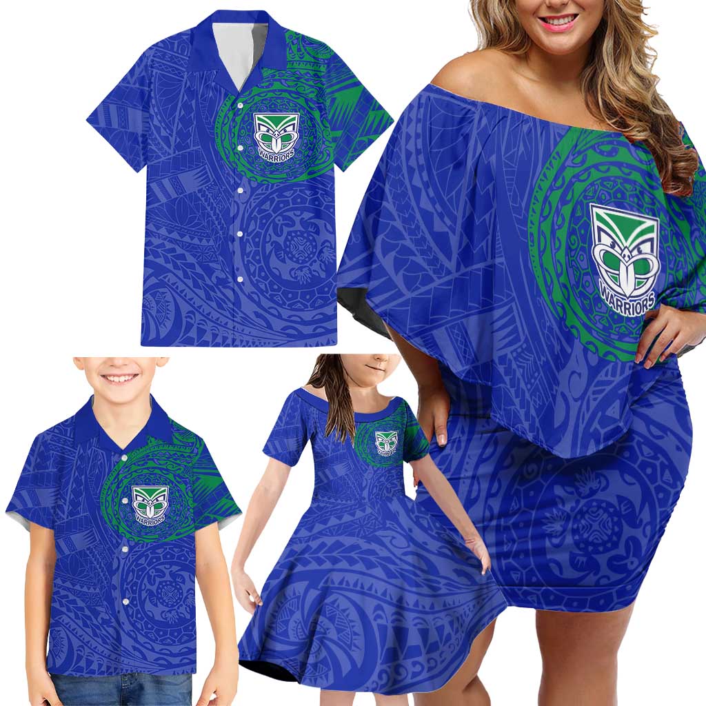 Personalized New Zealand Warriors Family Matching Off Shoulder Short Dress and Hawaiian Shirt Polynesian Tribal Chest and Sleeve Tattoo