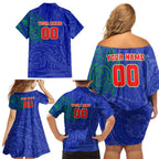 Personalized New Zealand Warriors Family Matching Off Shoulder Short Dress and Hawaiian Shirt Polynesian Tribal Chest and Sleeve Tattoo