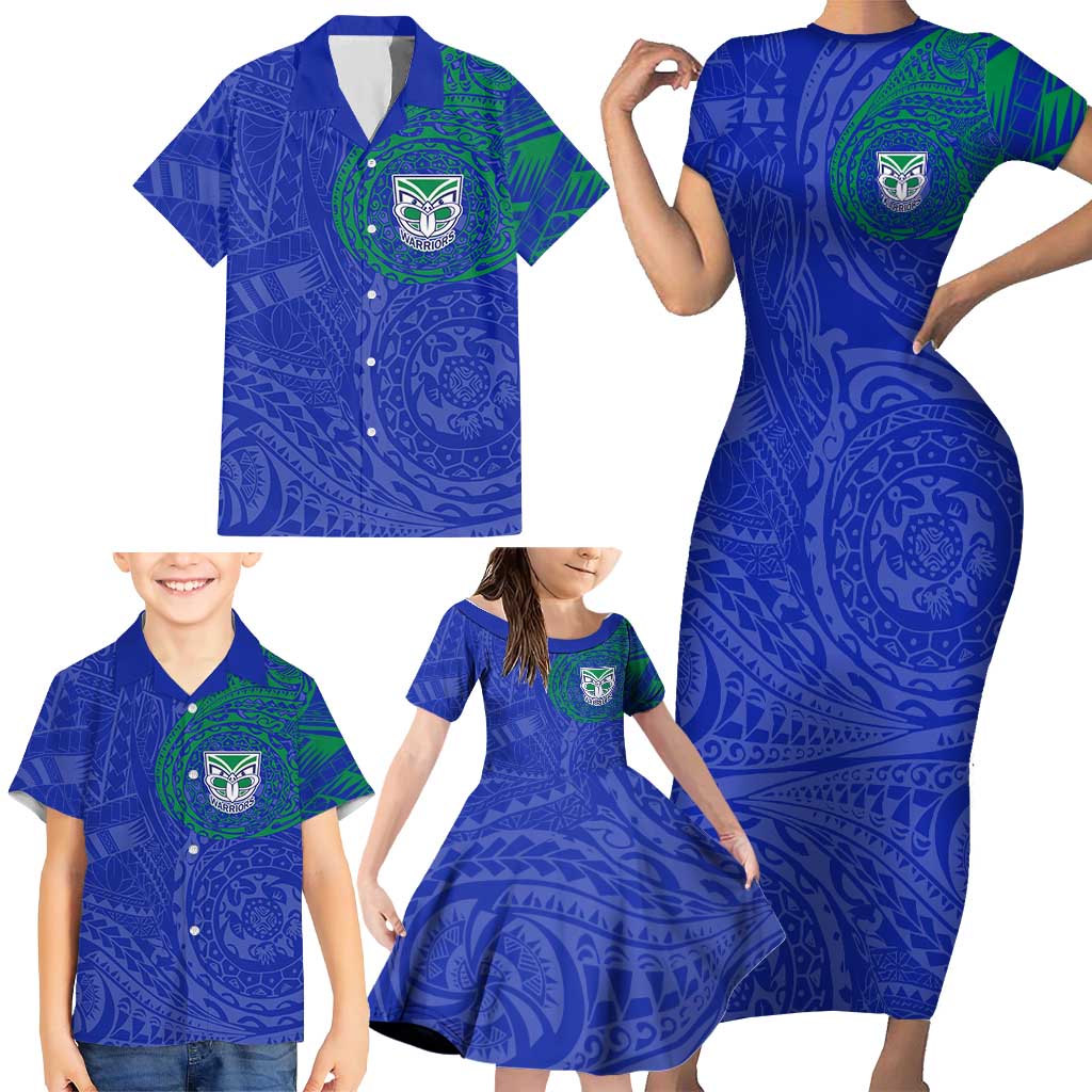 Personalized New Zealand Warriors Family Matching Short Sleeve Bodycon Dress and Hawaiian Shirt Polynesian Tribal Chest and Sleeve Tattoo