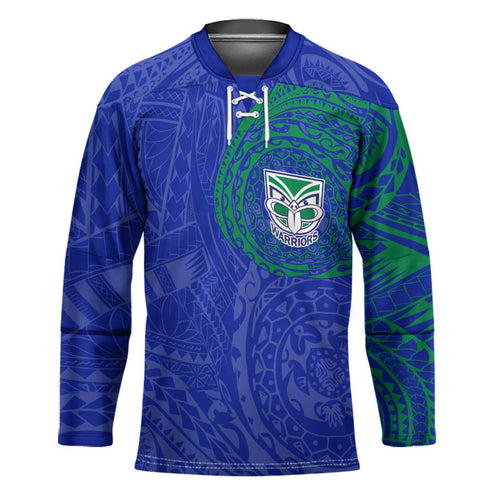 Personalized New Zealand Warriors Hockey Jersey Polynesian Tribal Chest and Sleeve Tattoo