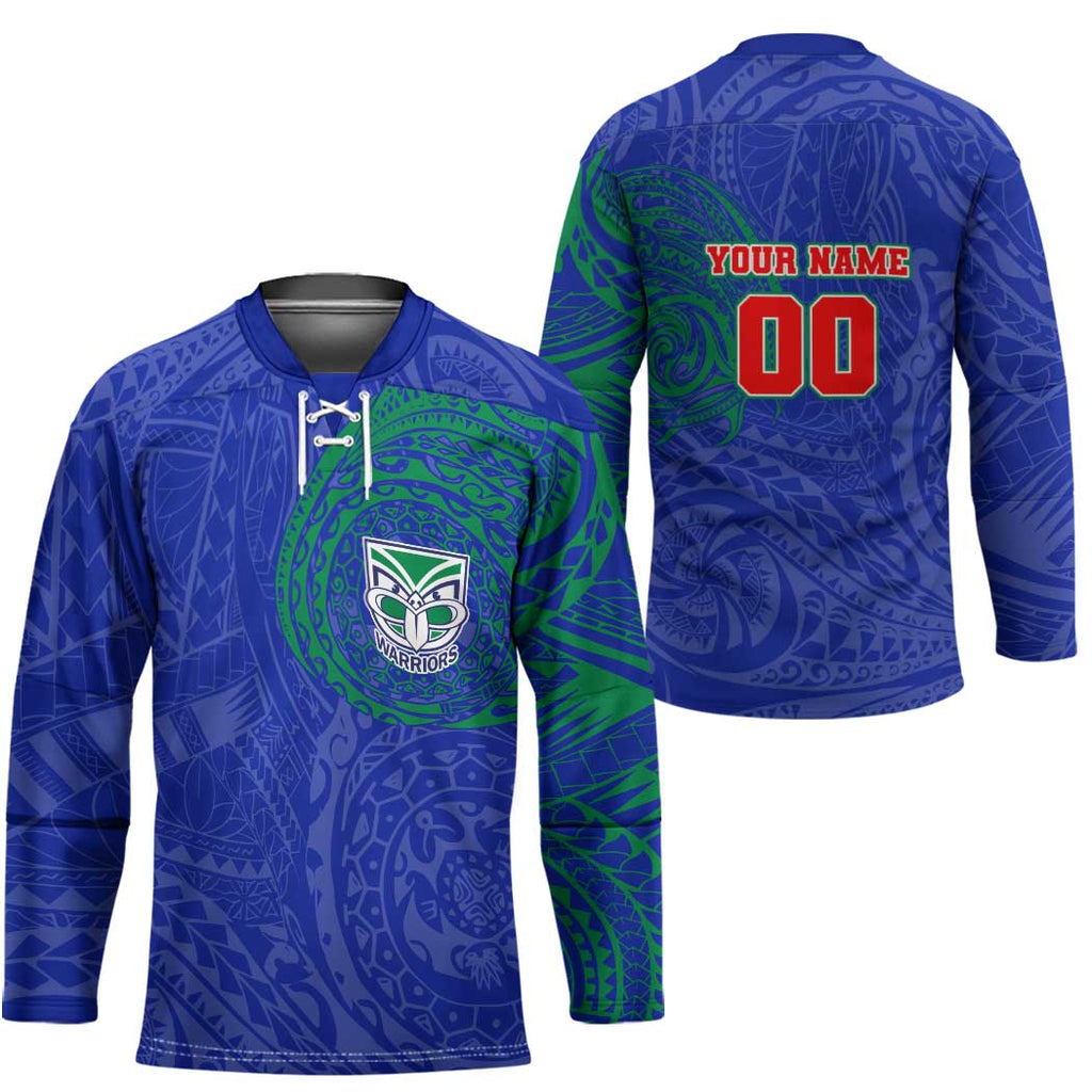 Personalized New Zealand Warriors Hockey Jersey Polynesian Tribal Chest and Sleeve Tattoo