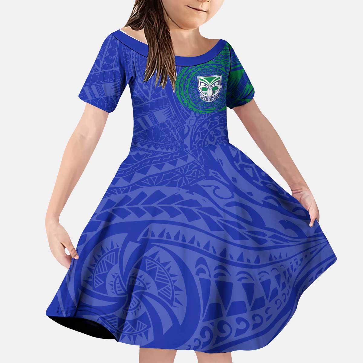 Personalized New Zealand Warriors Kid Short Sleeve Dress Polynesian Tribal Chest and Sleeve Tattoo