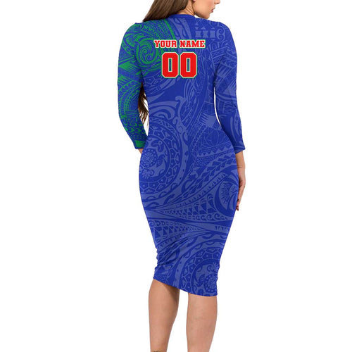Personalized New Zealand Warriors Long Sleeve Bodycon Dress Polynesian Tribal Chest and Sleeve Tattoo