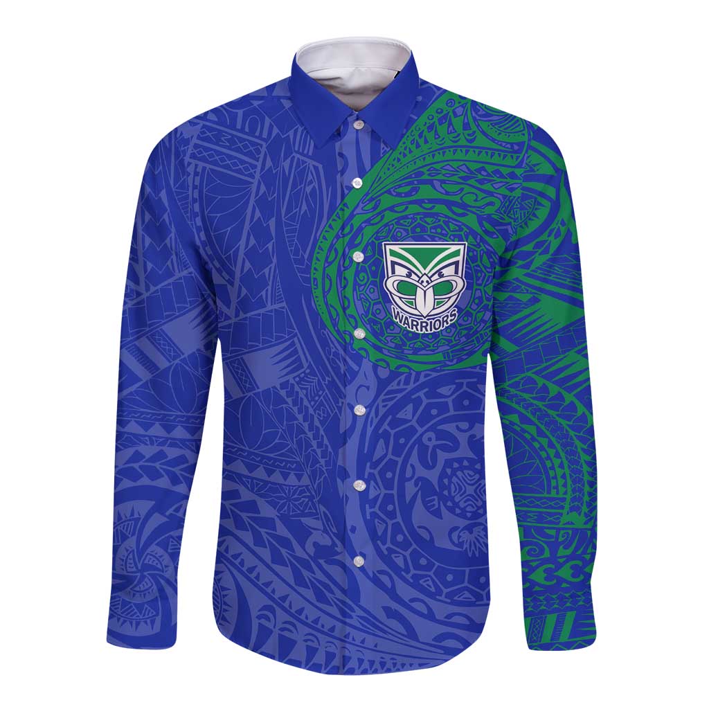 Personalized New Zealand Warriors Long Sleeve Button Shirt Polynesian Tribal Chest and Sleeve Tattoo