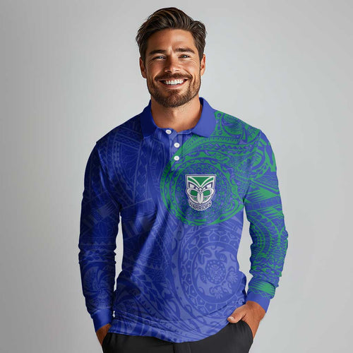 Personalized New Zealand Warriors Long Sleeve Polo Shirt Polynesian Tribal Chest and Sleeve Tattoo