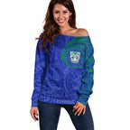 Personalized New Zealand Warriors Off Shoulder Sweater Polynesian Tribal Chest and Sleeve Tattoo