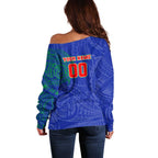Personalized New Zealand Warriors Off Shoulder Sweater Polynesian Tribal Chest and Sleeve Tattoo