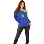 Personalized New Zealand Warriors Off Shoulder Sweater Polynesian Tribal Chest and Sleeve Tattoo