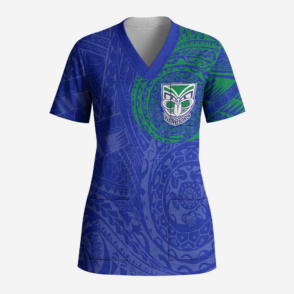 Personalized New Zealand Warriors Scrub Top Polynesian Tribal Chest and Sleeve Tattoo