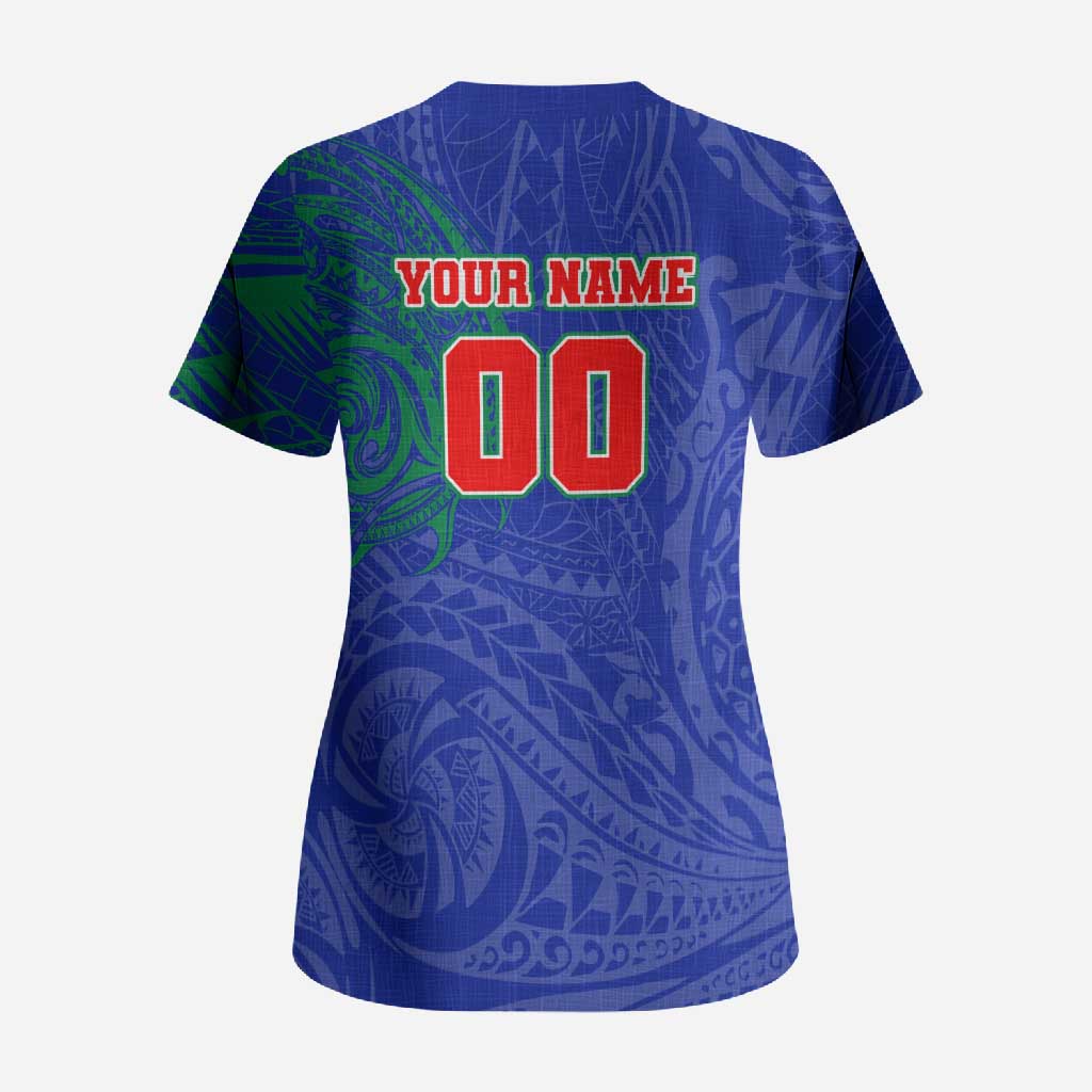 Personalized New Zealand Warriors Scrub Top Polynesian Tribal Chest and Sleeve Tattoo