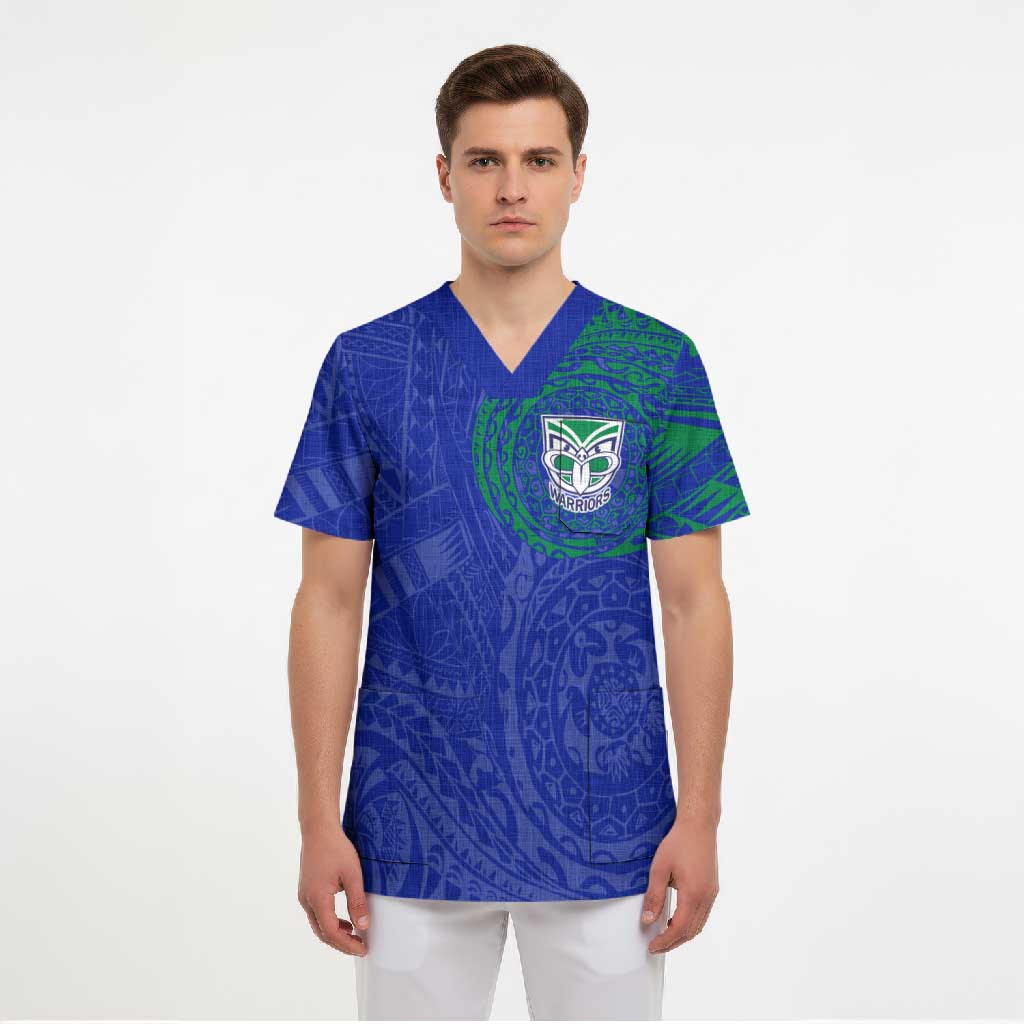 Personalized New Zealand Warriors Scrub Top Polynesian Tribal Chest and Sleeve Tattoo