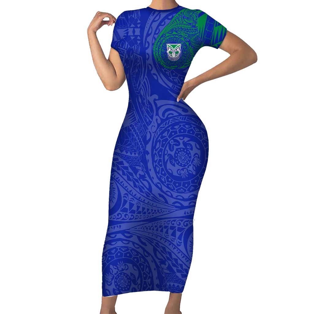 Personalized New Zealand Warriors Short Sleeve Bodycon Dress Polynesian Tribal Chest and Sleeve Tattoo