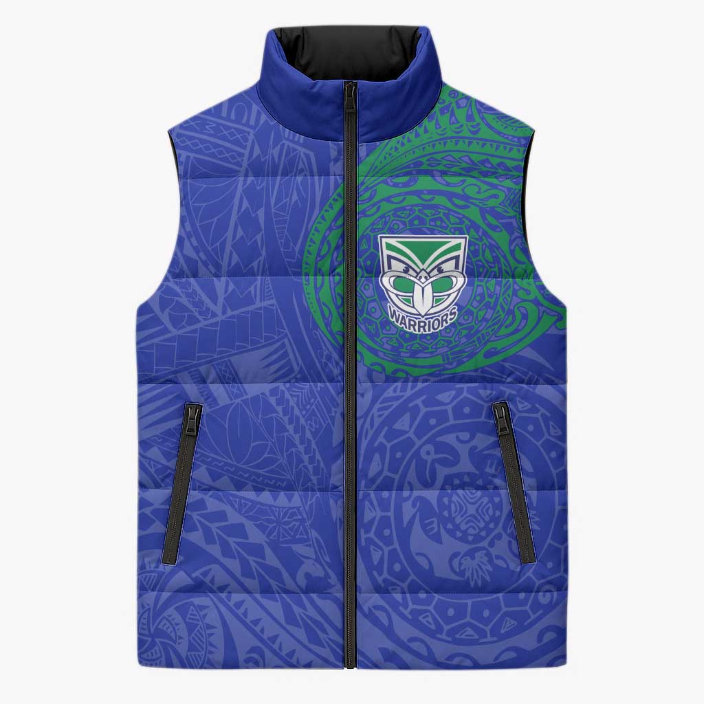 Personalized New Zealand Warriors Sleeveless Puffer Jacket Polynesian Tribal Chest and Sleeve Tattoo