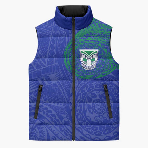 Personalized New Zealand Warriors Sleeveless Puffer Jacket Polynesian Tribal Chest and Sleeve Tattoo