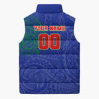 Personalized New Zealand Warriors Sleeveless Puffer Jacket Polynesian Tribal Chest and Sleeve Tattoo