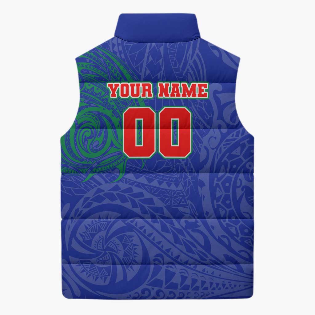 Personalized New Zealand Warriors Sleeveless Puffer Jacket Polynesian Tribal Chest and Sleeve Tattoo